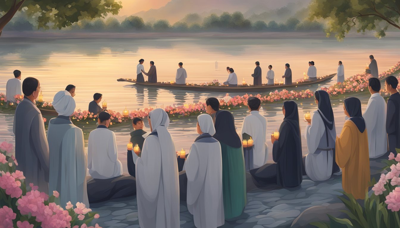 A serene riverbank with floating flower garlands and flickering candles, surrounded by mourners in traditional attire