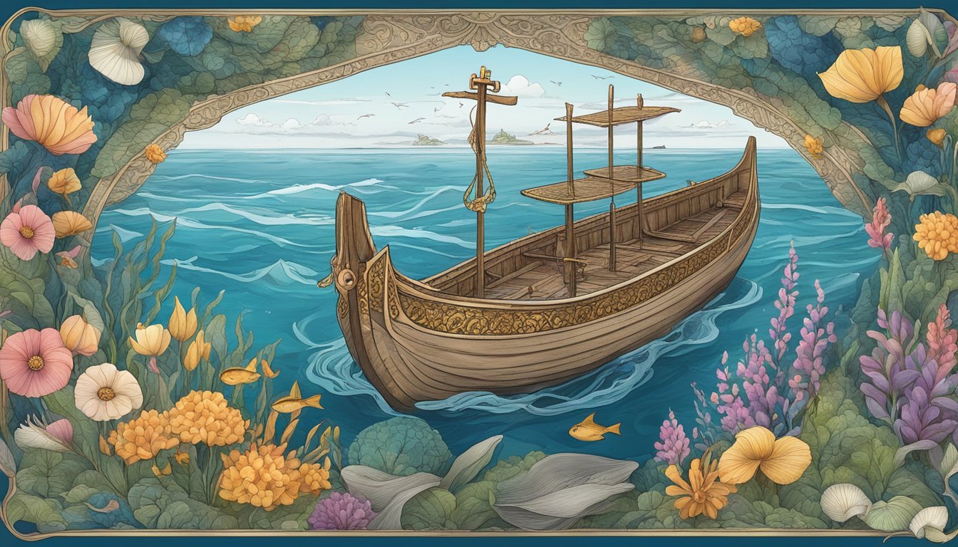 A serene ocean with a traditional boat adorned with flowers and surrounded by marine life, symbolizing the historical water burial customs and marine conservation influence