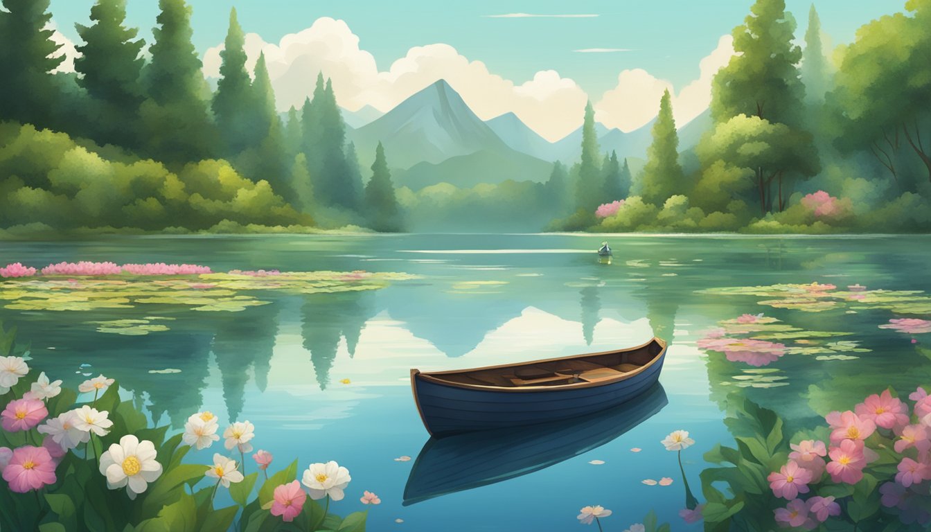 A serene lake surrounded by lush greenery, with a small boat adorned with flowers and symbolic objects floating on the water