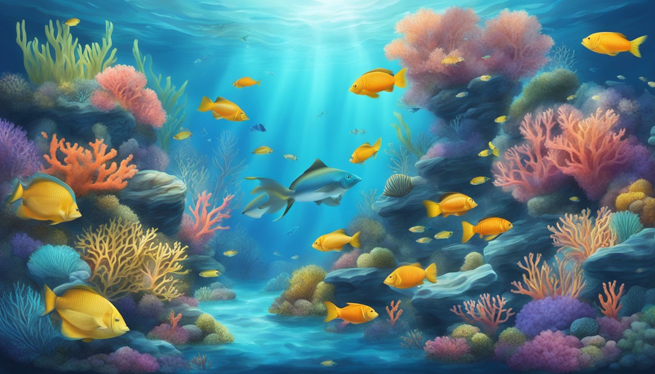 A serene underwater scene with colorful coral, a variety of fish, and a gentle current flowing through the water