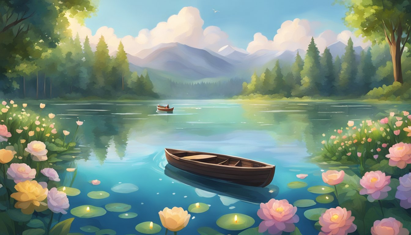 A serene lake surrounded by lush greenery, with a small boat adorned with flowers and candles floating on the water