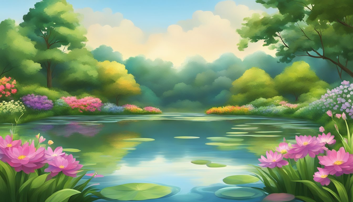 A serene pond surrounded by lush greenery, with colorful flowers and peaceful ripples reflecting the sky