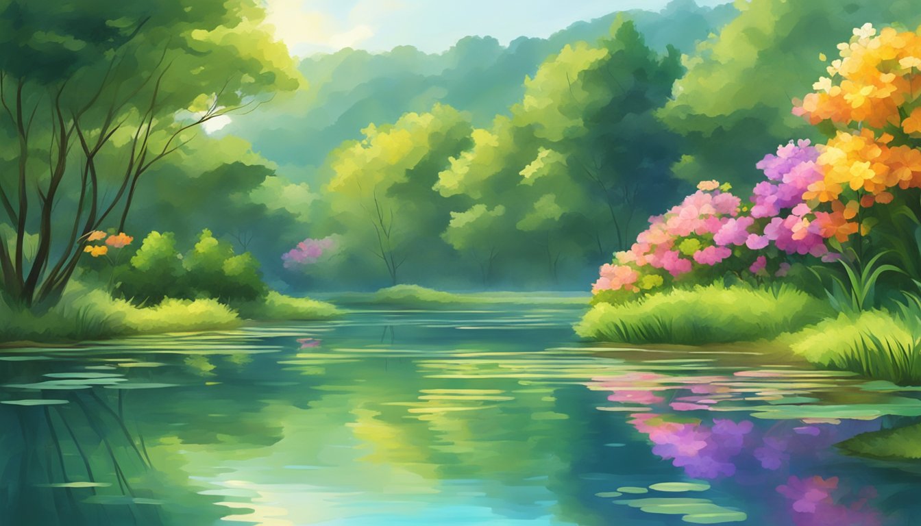 A serene pond surrounded by lush greenery, with colorful flowers and gentle ripples on the water's surface