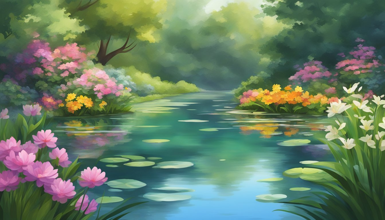 A serene pond surrounded by lush greenery, with colorful flowers and gentle ripples on the water's surface, creating a peaceful and calming atmosphere