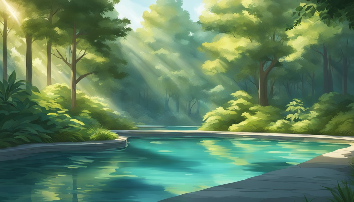 A serene pool surrounded by lush greenery, with gentle ripples on the water's surface and sunlight streaming through the trees