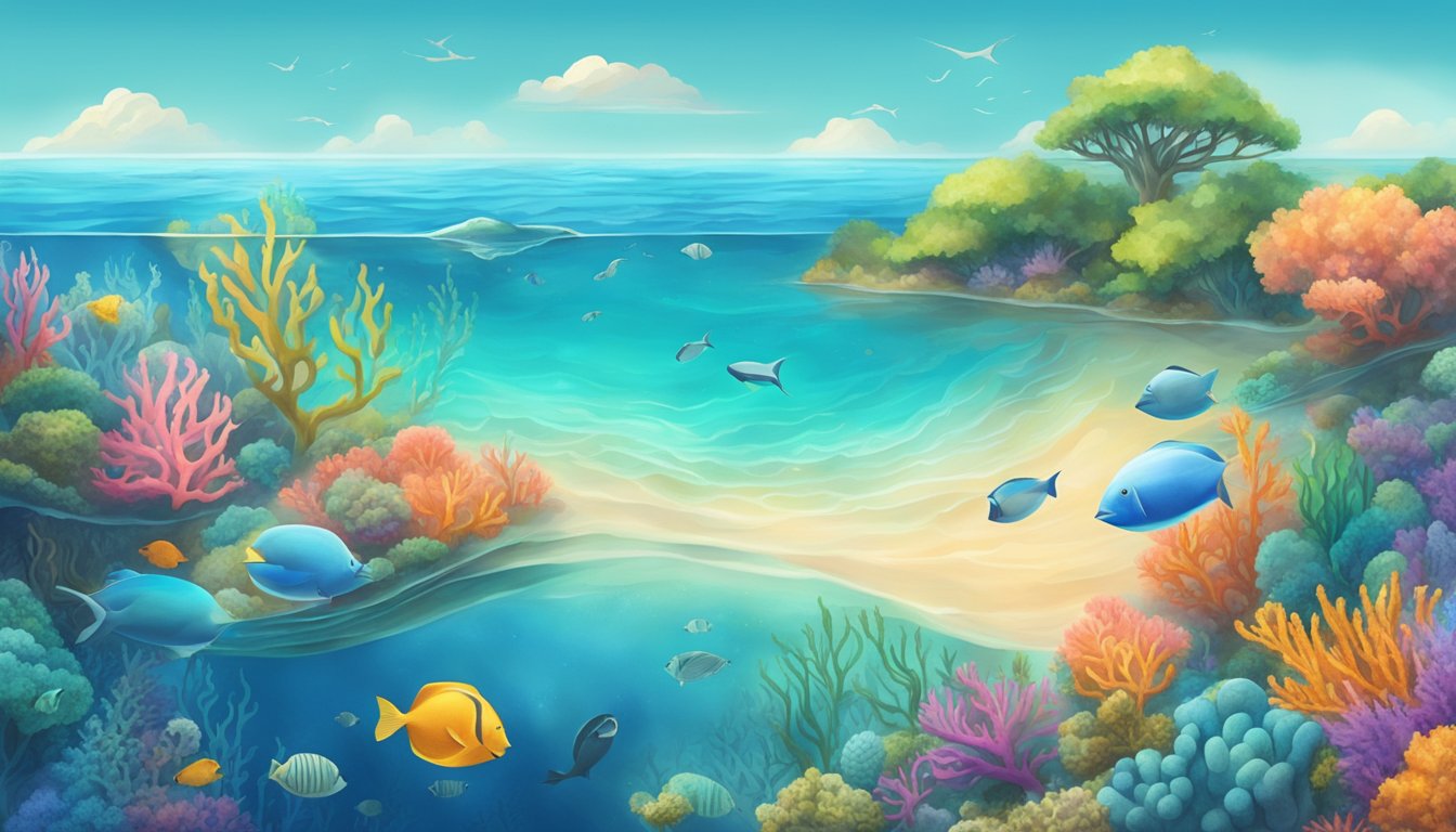 A serene ocean scene with a biodegradable object gently floating on the water's surface, surrounded by marine life and vibrant coral reefs