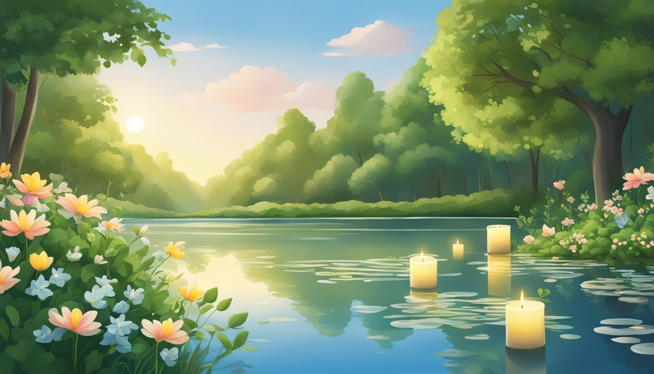 A serene riverbank with floating flowers and candles, surrounded by lush greenery and a clear blue sky above