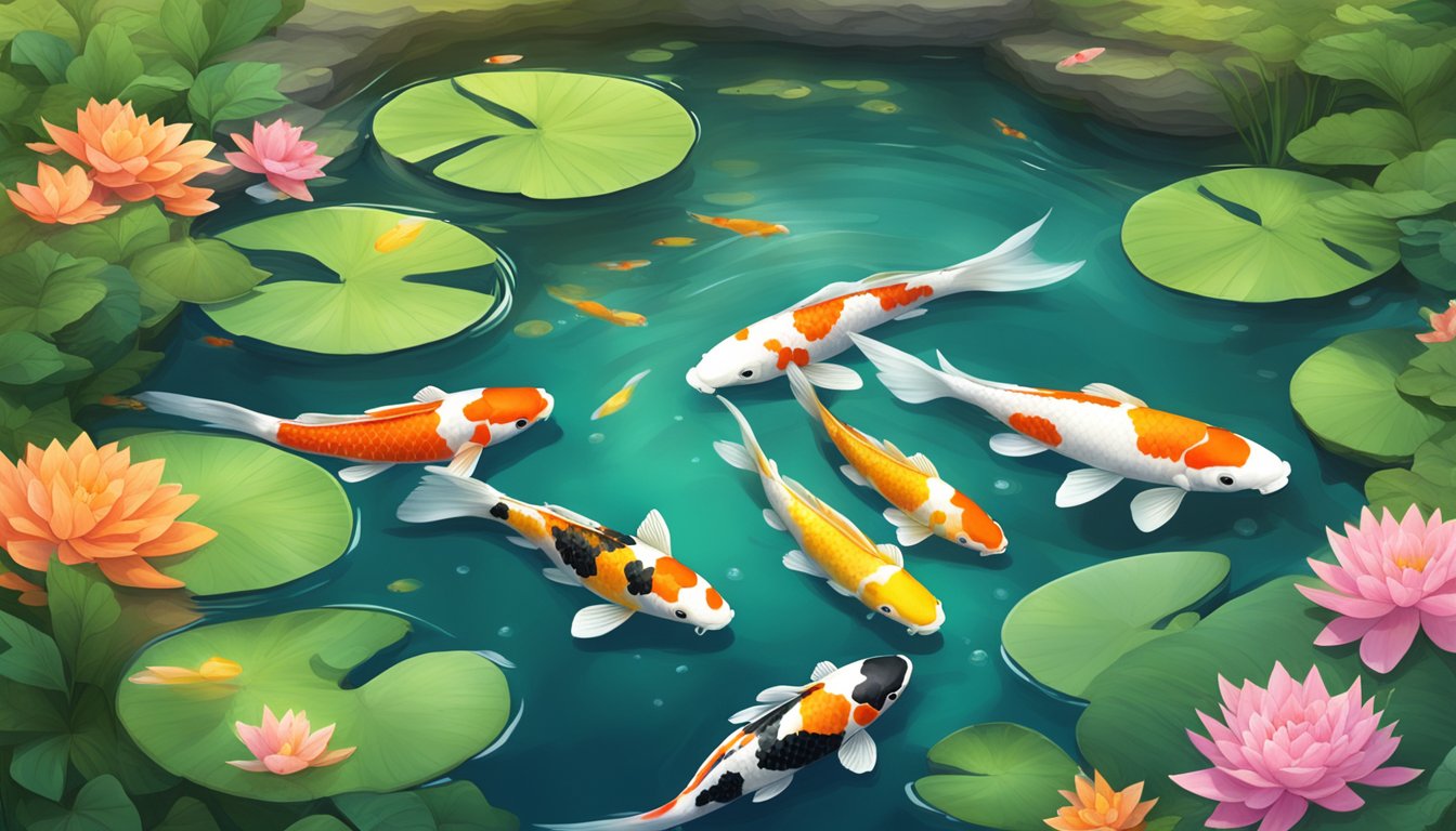 A serene pond surrounded by lush greenery, with colorful koi fish swimming gracefully beneath the surface