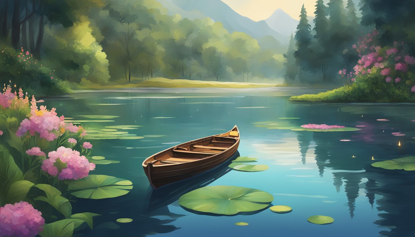 A serene lake surrounded by lush greenery, with a small boat adorned with flowers and candles floating peacefully on the water