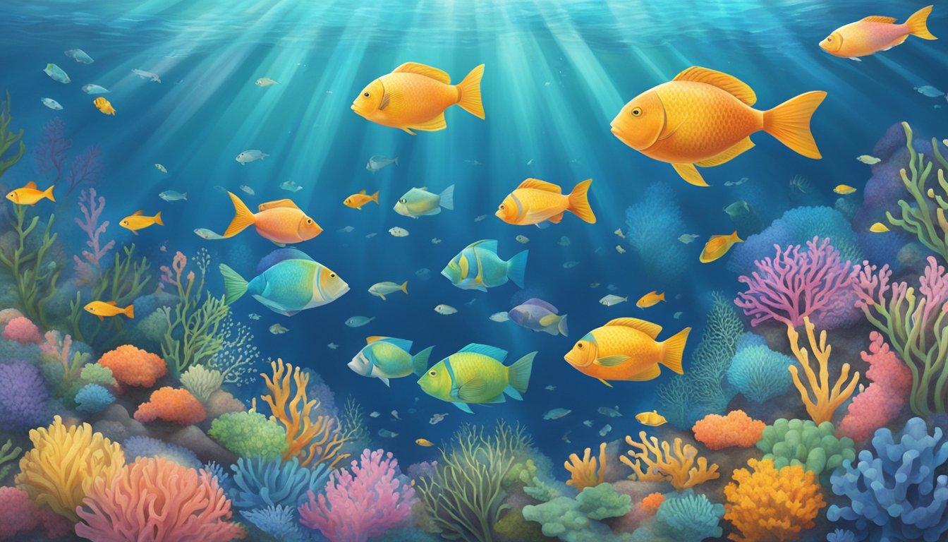 A serene ocean scene with a biodegradable urn releasing flowers, surrounded by colorful fish and coral