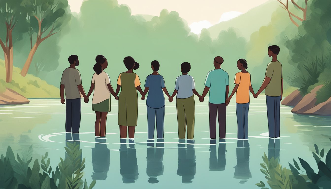 A group of diverse individuals gather by a tranquil body of water, surrounded by lush greenery. They stand in a circle, holding hands, as they support one another through the grieving process