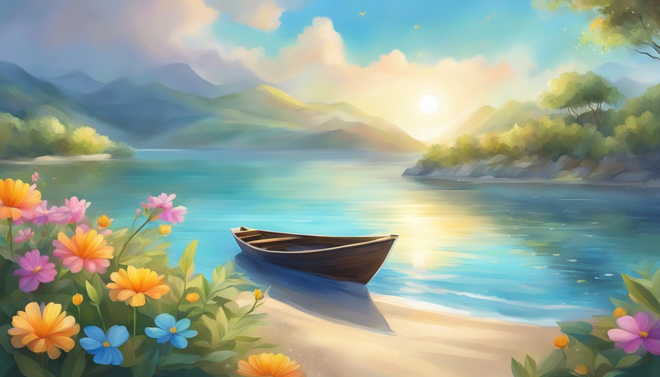 A serene, sunlit beach with a solitary boat adorned with colorful flowers and symbols, gently floating on the calm, sparkling water