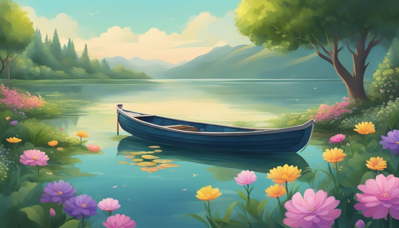 A serene lake surrounded by lush greenery, with a small boat adorned with flowers floating in the center