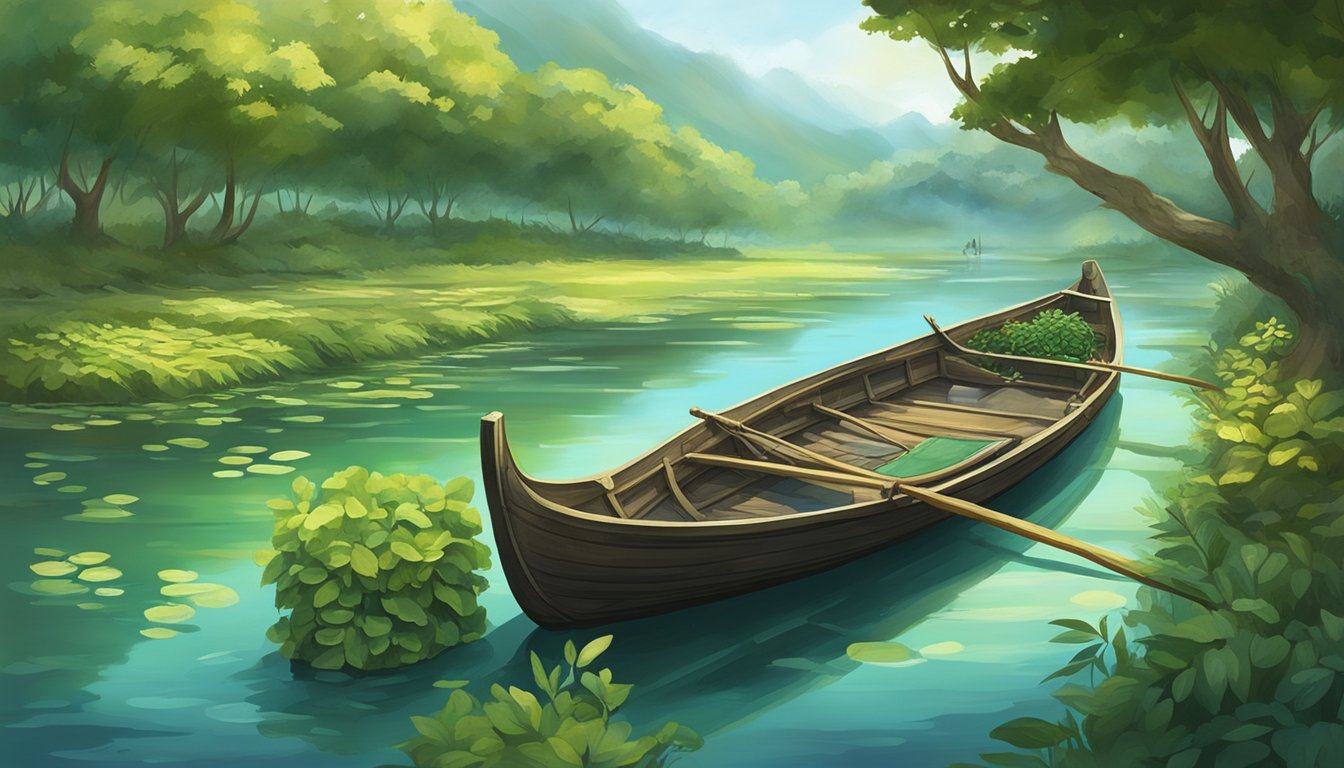 A serene river flowing through a lush green landscape, with a traditional burial boat floating peacefully on the water. The surrounding environment is teeming with diverse flora and fauna, showcasing the harmony between human rituals and nature