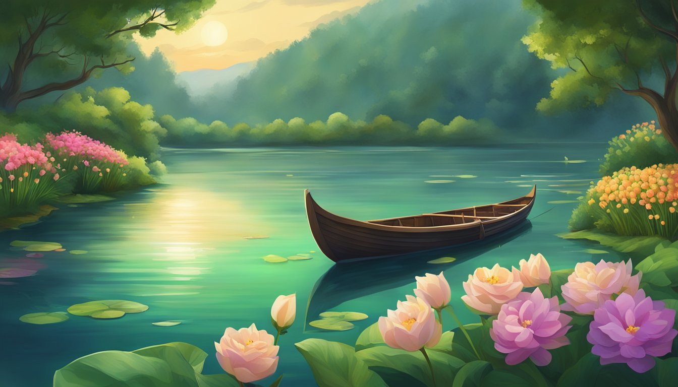 A serene river flowing through a lush, green landscape, with a traditional boat adorned with flowers and candles floating peacefully on the water