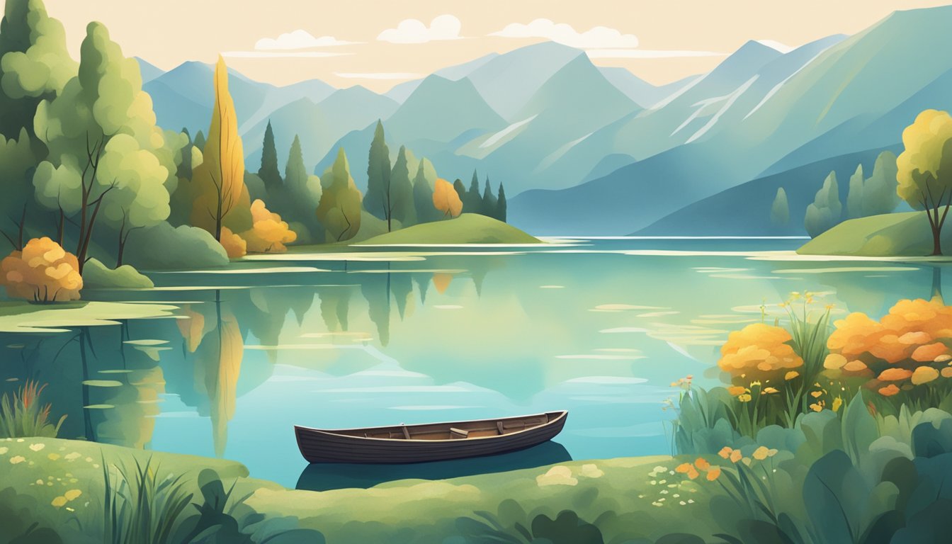 A serene lake surrounded by diverse landscapes, with a small boat gently floating on the water, representing different countries' water burial regulations