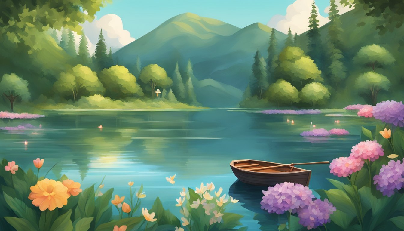 A serene lake surrounded by lush greenery, with a small boat adorned with flowers and candles floating peacefully on the water