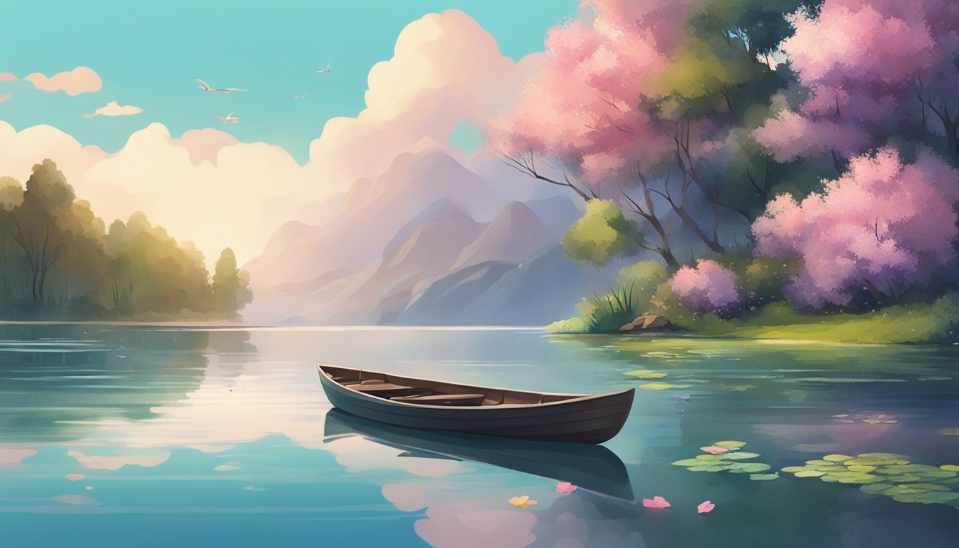 A serene lake surrounded by lush greenery, with a small boat floating in the middle. A figure stands on the shore, scattering flower petals onto the water