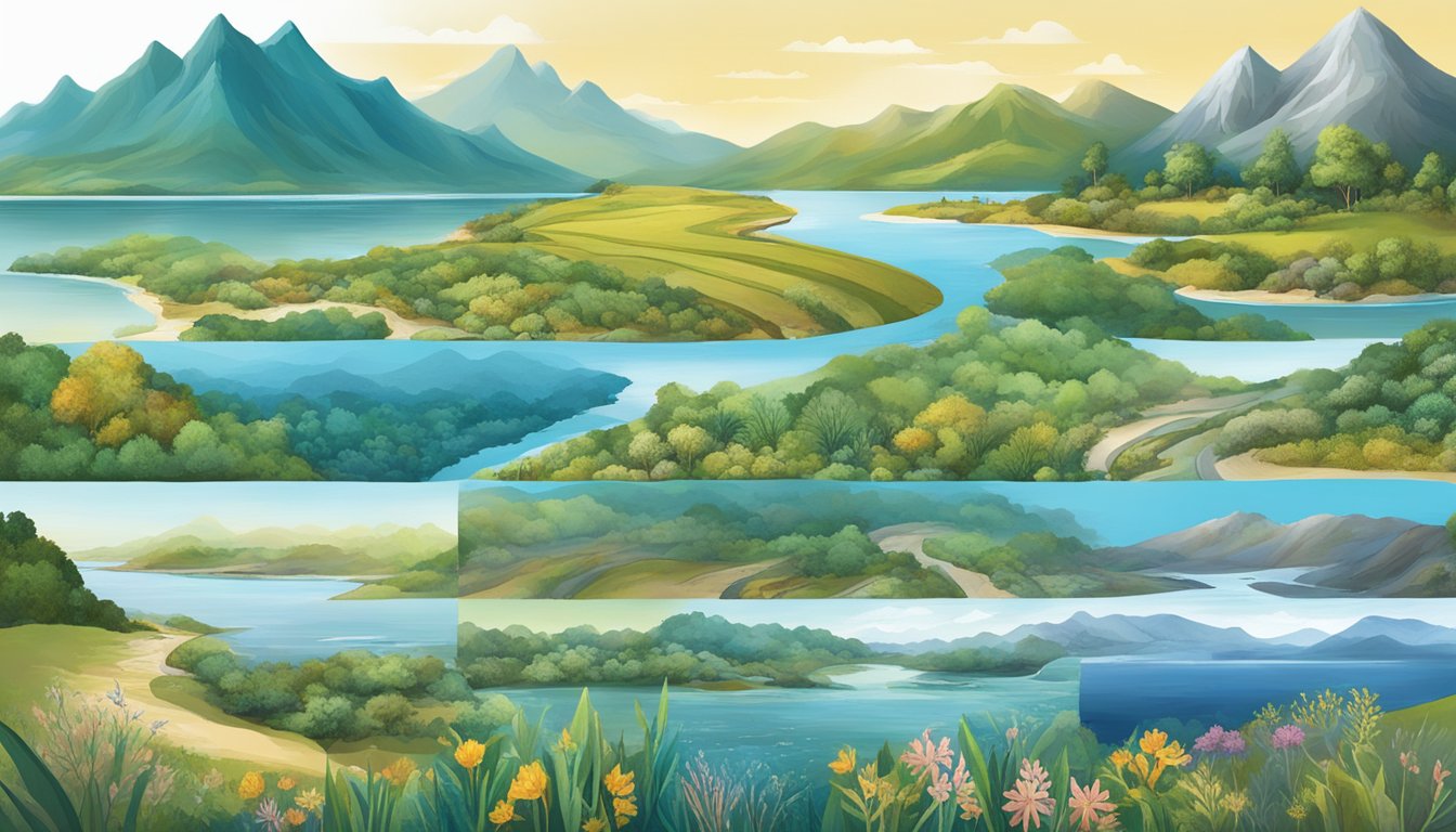 A series of diverse landscapes, including mountains, rivers, and oceans, with various flora and fauna, symbolizing different countries' approaches to water burial regulations