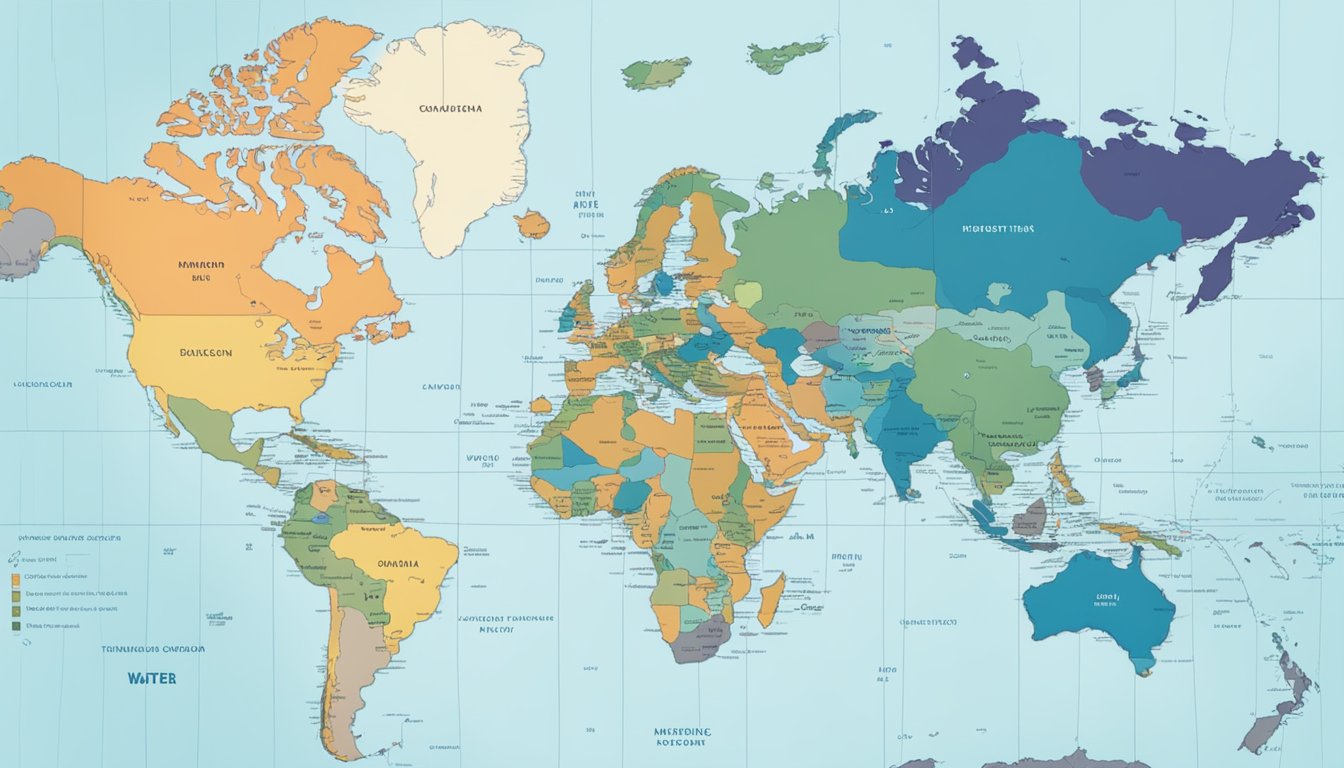 A series of world maps with color-coded regions to represent different countries' water burial regulations