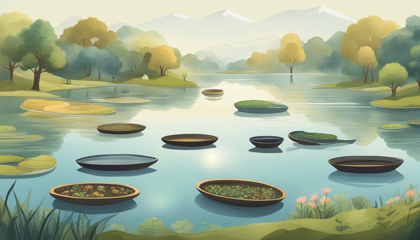 A serene lake surrounded by diverse landscapes with various burial vessels floating on the water, representing different countries' water burial regulations