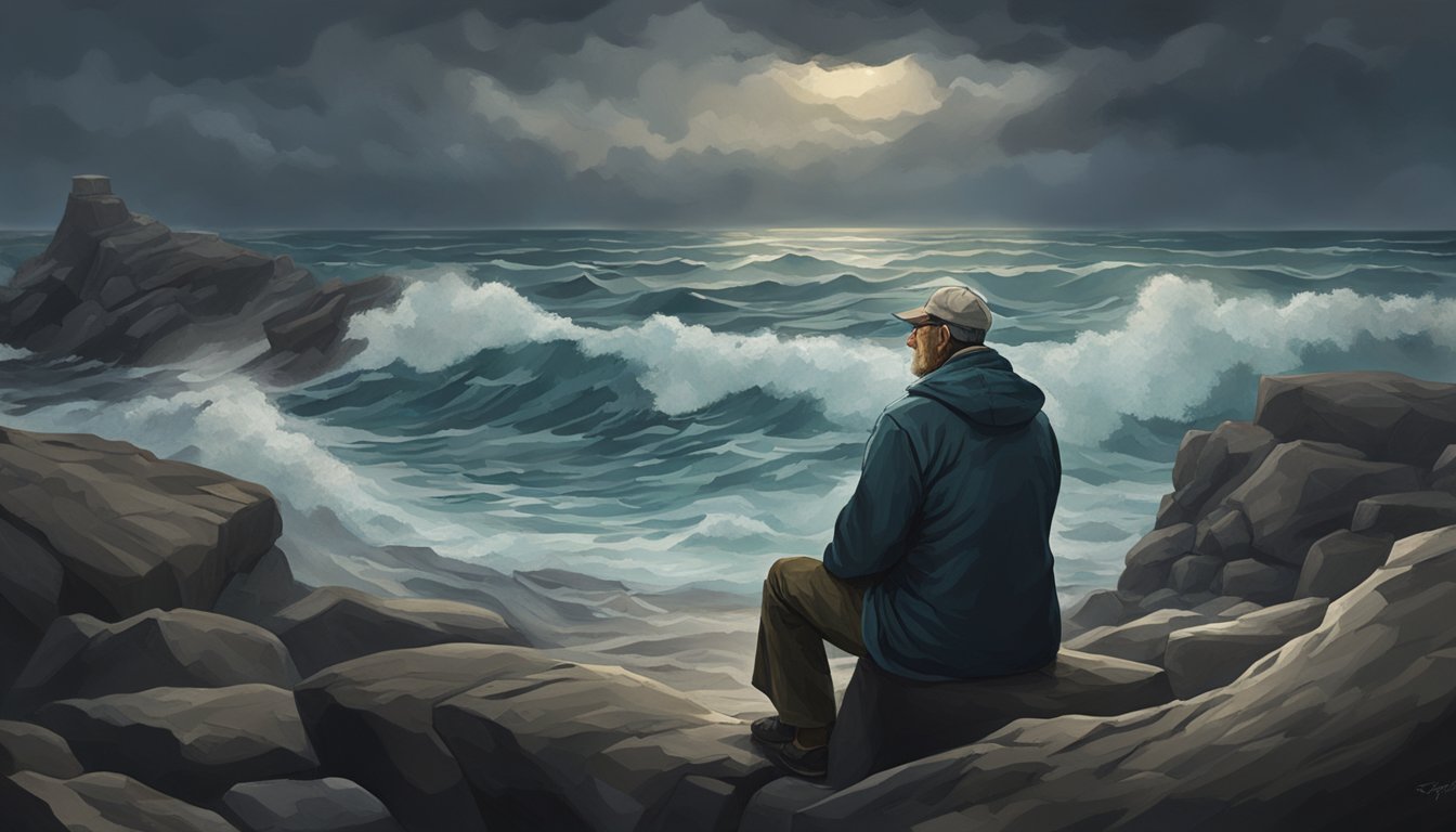 A veteran sits alone on a rocky shore, gazing out at the vast ocean under a stormy sky. The crashing waves and dark clouds reflect the emotional weight of choosing burial at sea