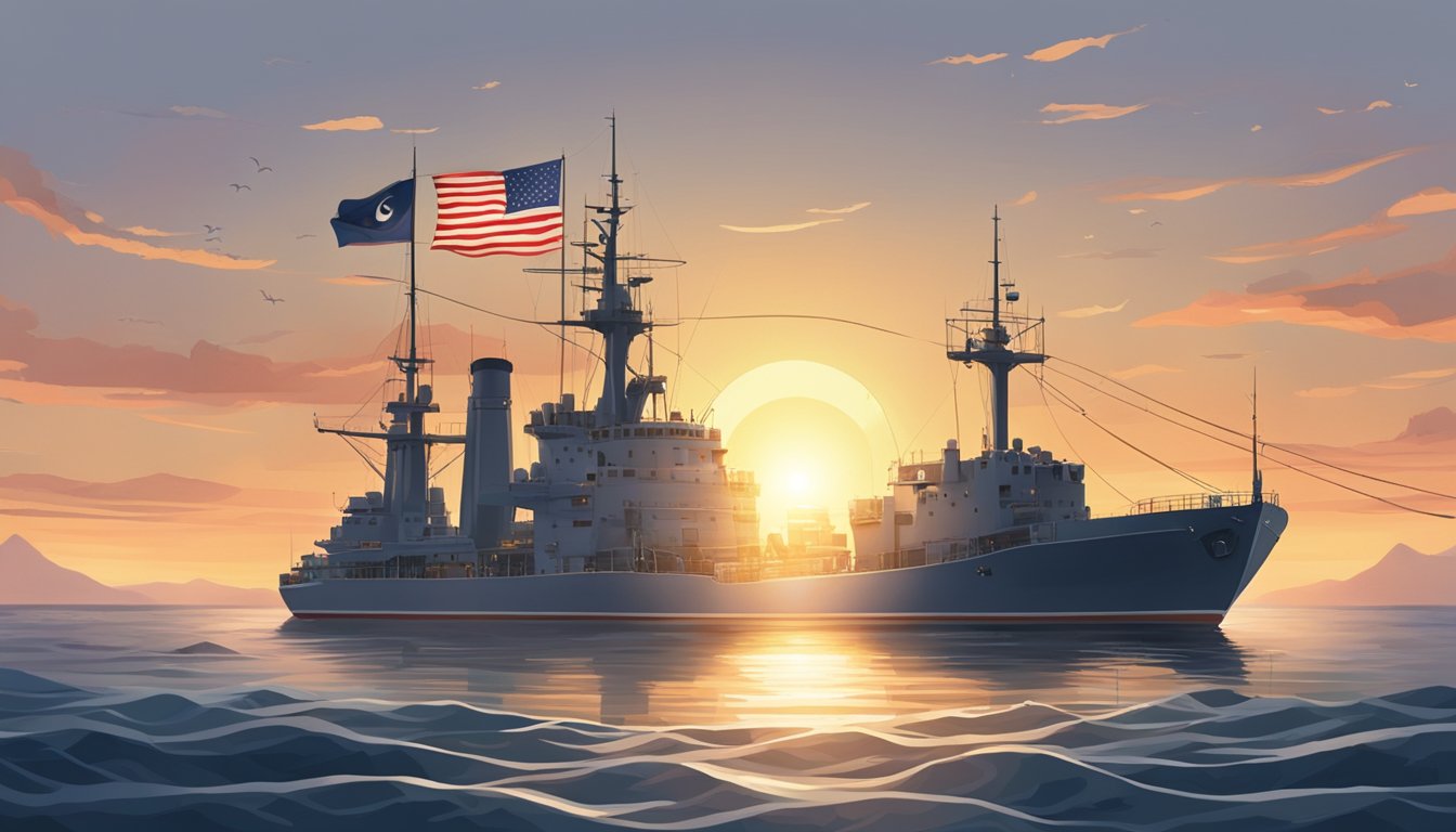 A calm sea with a lone ship surrounded by a circle of veterans' flags, as the sun sets in the background