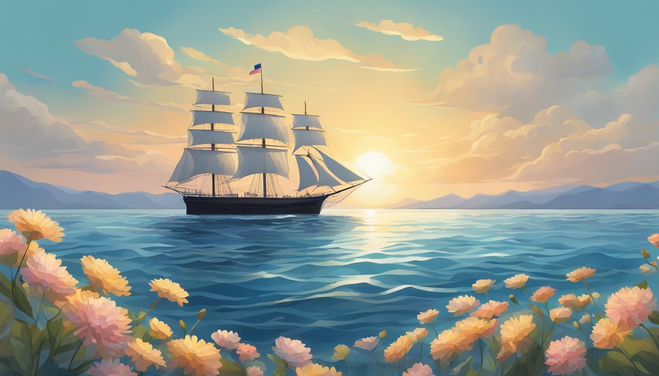 A solitary ship sails across a calm, sunlit ocean, with a scattering of flowers and a folded American flag floating on the water