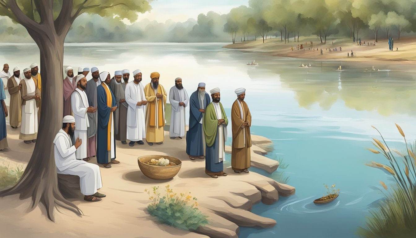 A serene riverbank with diverse groups participating in a water burial ceremony, representing various faiths and cultures coming together in unity