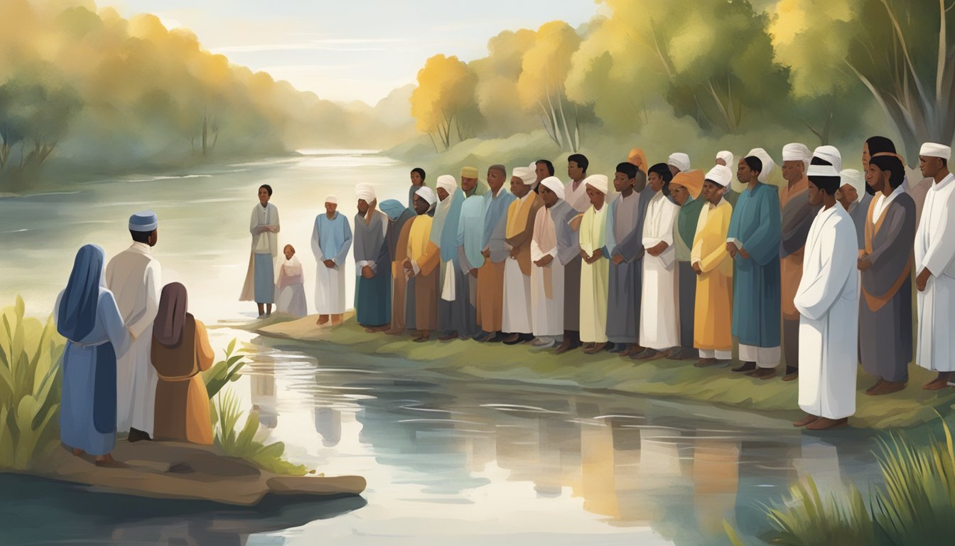 A serene riverbank with people from different cultures participating in a water burial ceremony, symbolizing unity and respect for diverse beliefs