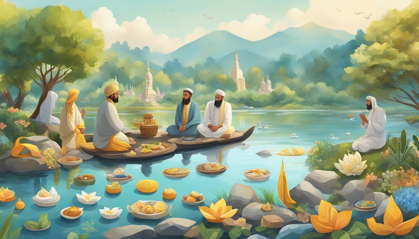 A serene riverbank with diverse symbols and offerings floating on the water, surrounded by representatives from different faiths in peaceful coexistence