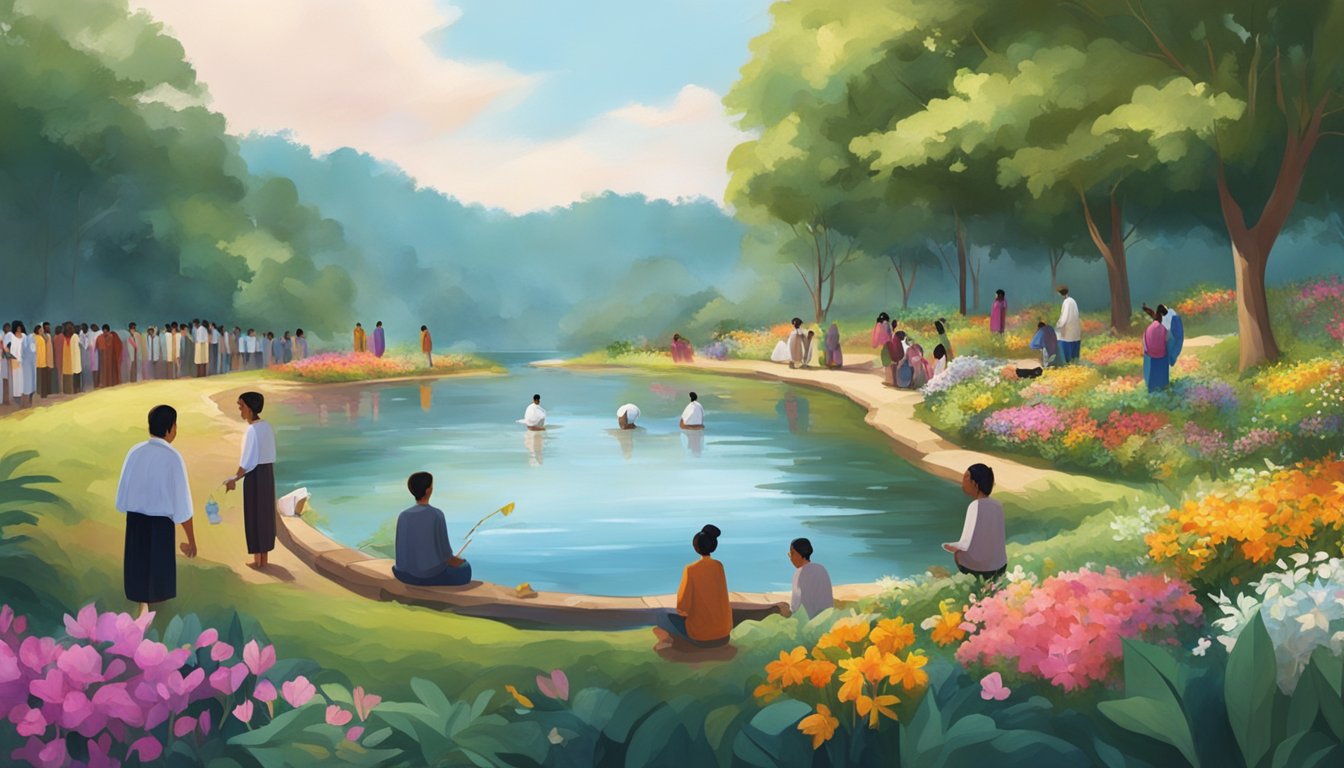 A serene riverbank with people from different cultures performing water burial ceremonies, surrounded by lush greenery and colorful flowers