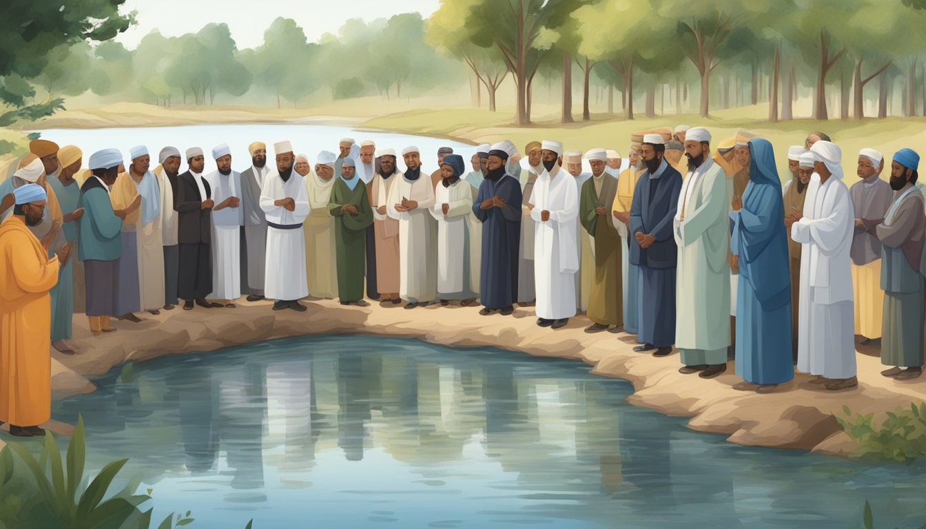 A serene riverbank with diverse groups participating in interfaith water burial ceremonies, symbolizing unity and understanding