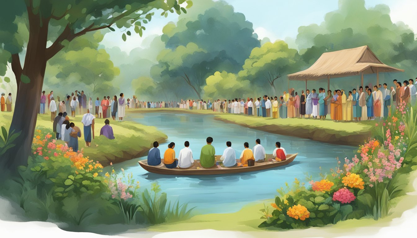 A tranquil riverbank with people from different cultures participating in a water burial ceremony, surrounded by lush greenery and colorful flowers