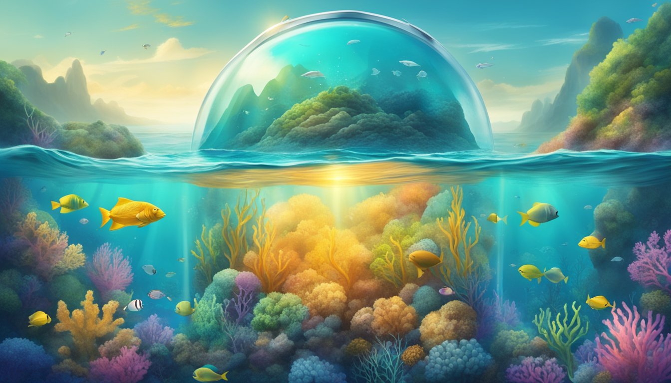 A serene underwater landscape with a biodegradable DNA storage capsule gently sinking into the ocean depths, surrounded by vibrant marine life