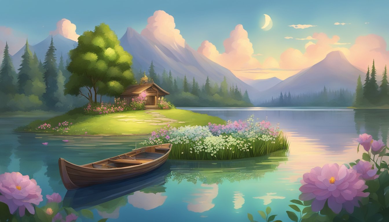 A serene lake surrounded by lush greenery, with a small boat floating in the center, adorned with flowers and candles