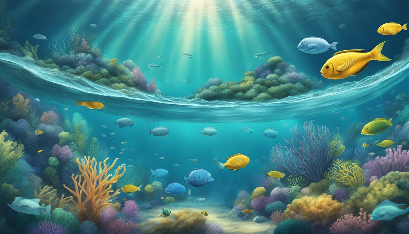 A serene underwater landscape with a biodegradable DNA storage container sinking into the ocean depths, surrounded by marine life