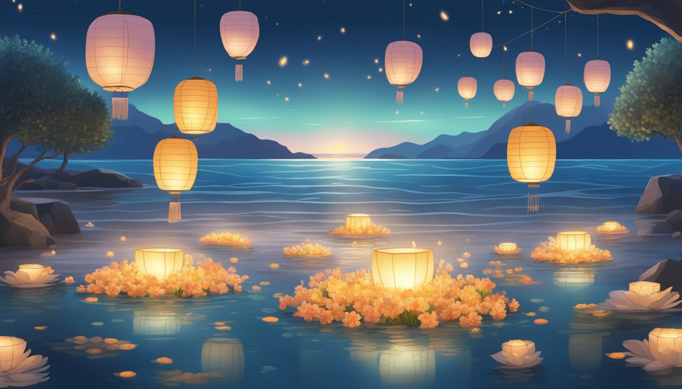 A serene ocean scene with a virtual water burial ceremony projected onto the water's surface, surrounded by floating lanterns and flowers