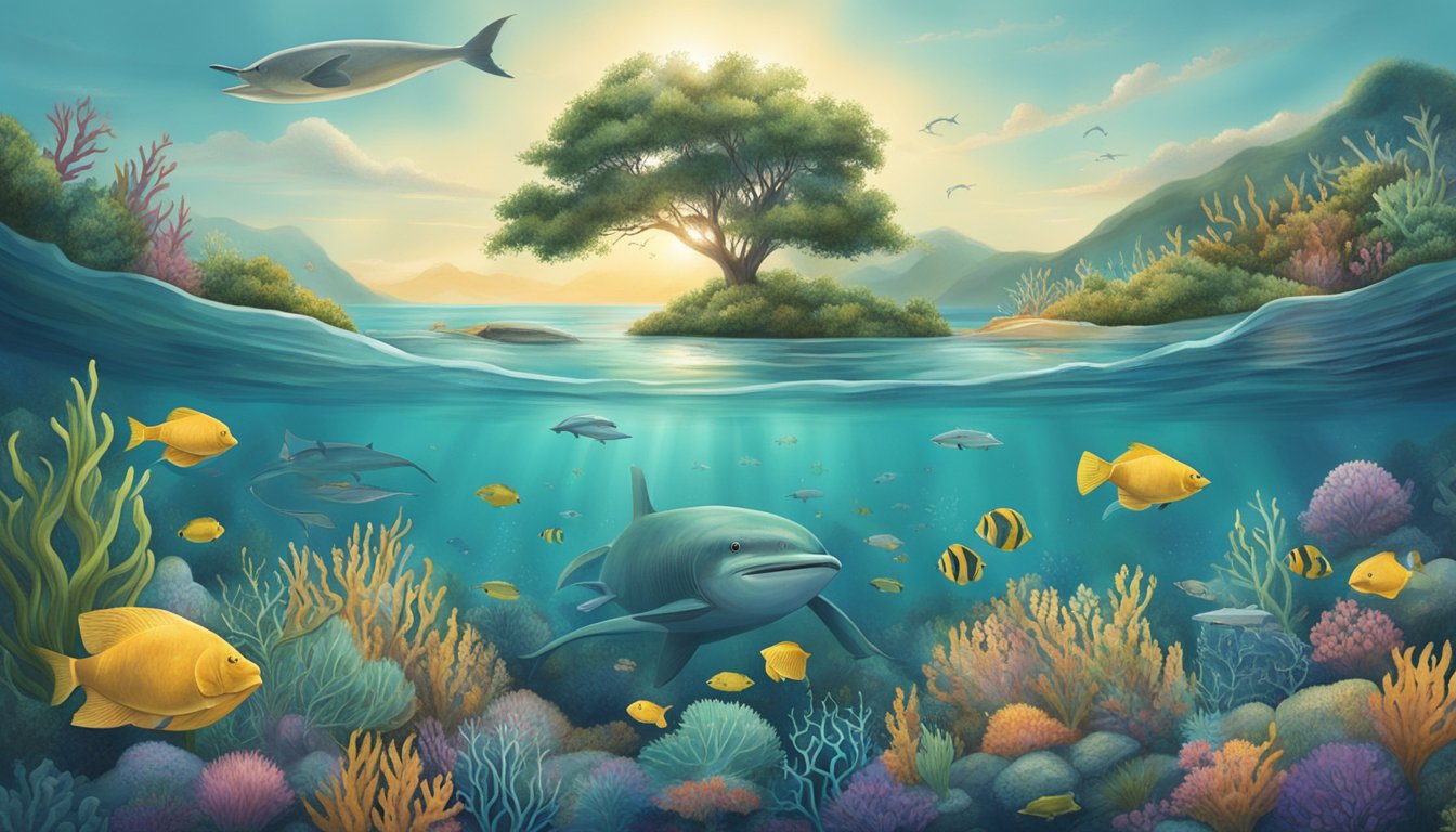 A serene ocean scene with a biodegradable urn sinking into the water, surrounded by marine life and underwater flora