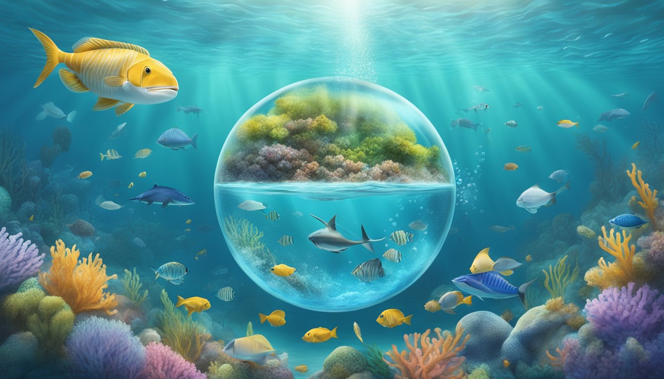 A serene underwater landscape with a biodegradable DNA storage capsule being gently released into the water, surrounded by diverse marine life