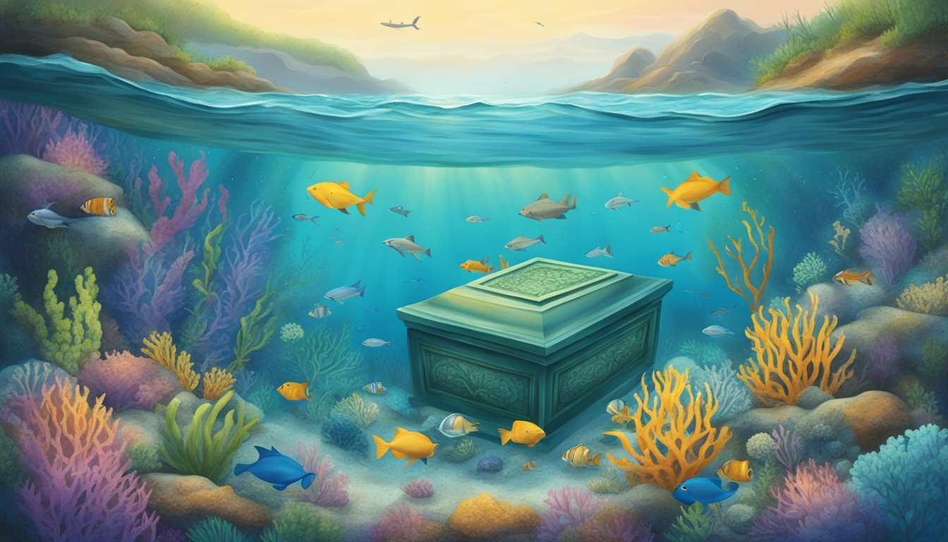 A serene underwater landscape with colorful marine life surrounding a biodegradable burial urn gently sinking into the ocean floor