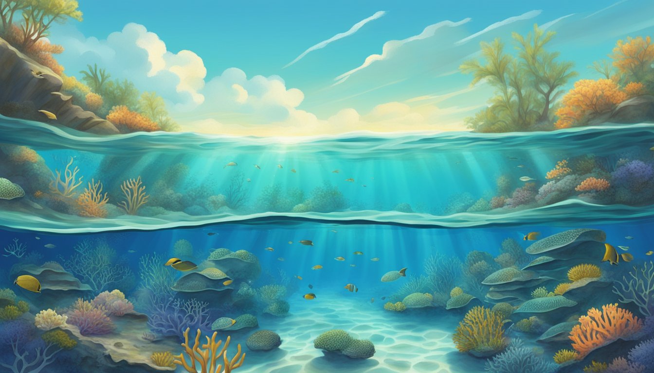 Sunlight filters through clear blue water, casting dappled patterns on ancient burial sites. Vibrant coral and marine life add color to the serene underwater scene