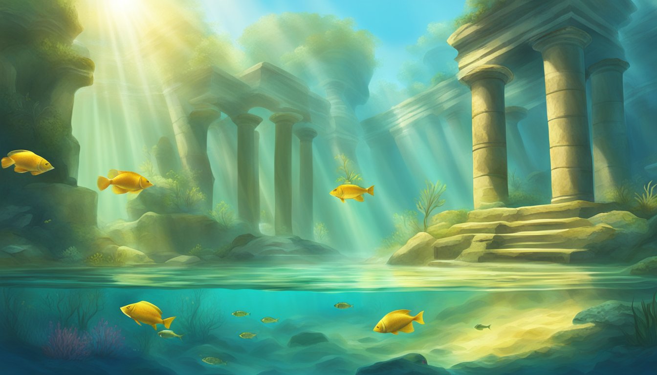 Sunlight filters through clear water, illuminating ancient ruins below. Colorful fish swim among the submerged structures, creating a serene and mysterious underwater landscape