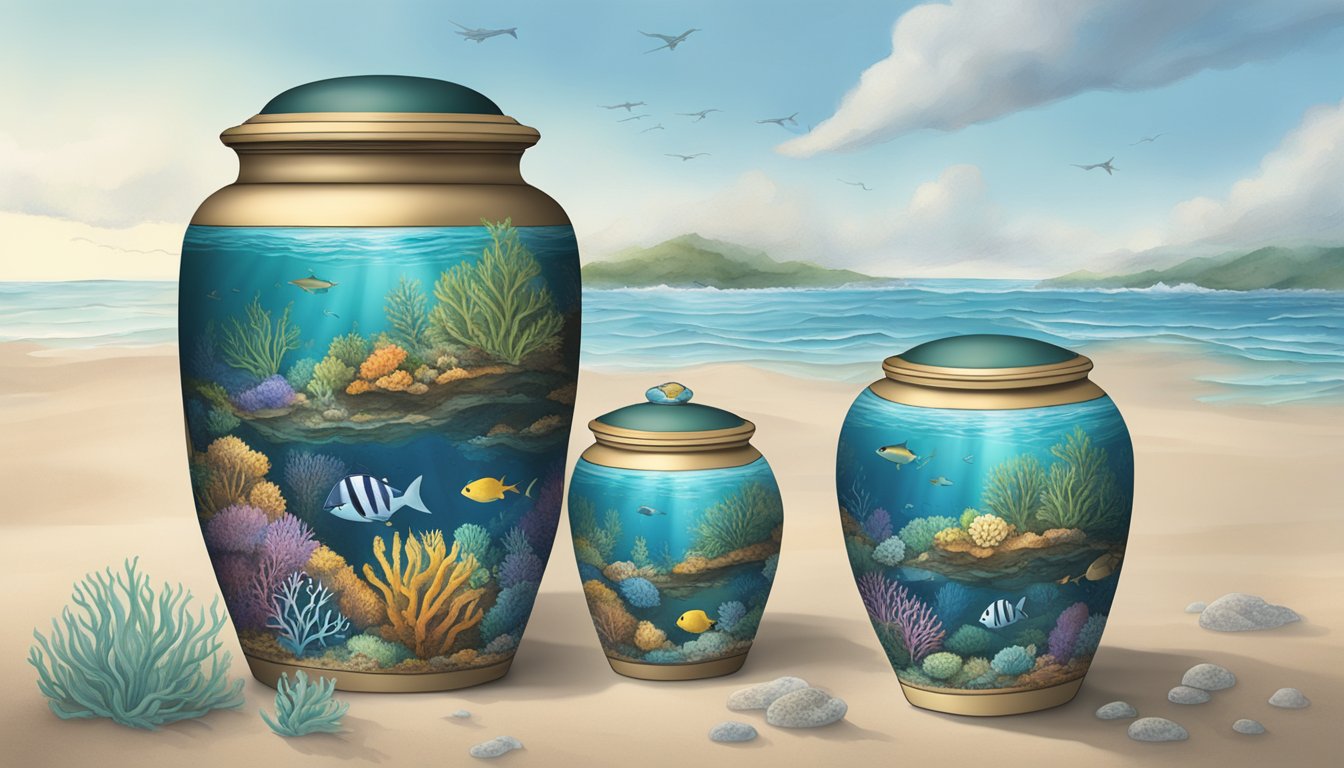 Local marine life surrounds a biodegradable urn as it descends into the ocean depths, creating a serene and natural water burial experience