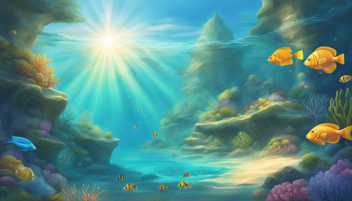 Sunlight filters through crystal-clear water, illuminating ancient burial sites. Colorful fish and delicate coral surround the underwater landscape, creating a serene and ethereal scene