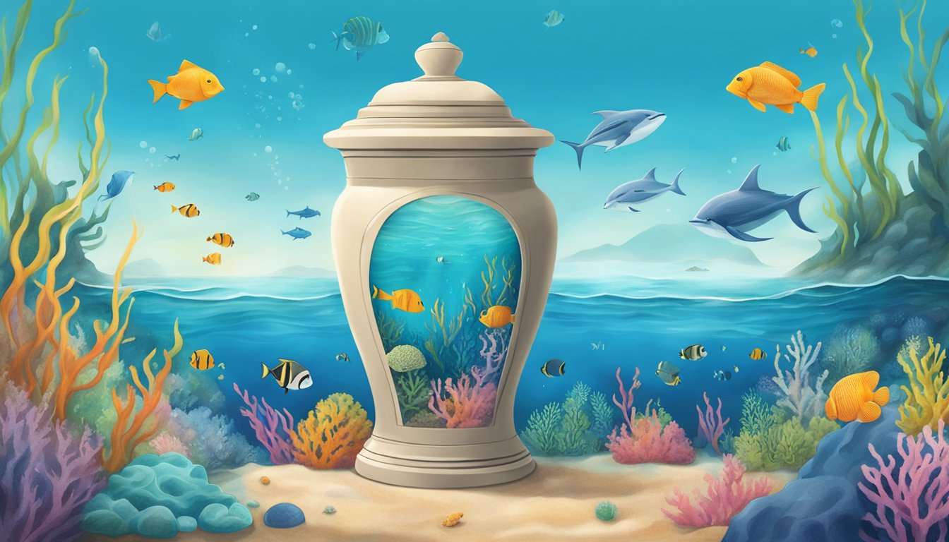 A serene underwater scene with colorful marine life surrounding a biodegradable urn releasing ashes into the ocean depths