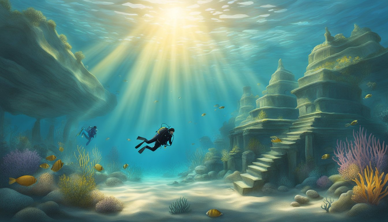 Sunlight filters through the clear water, illuminating ancient burial structures and marine life. A diver carefully navigates the underwater landscape, capturing the serene beauty of the water burial site