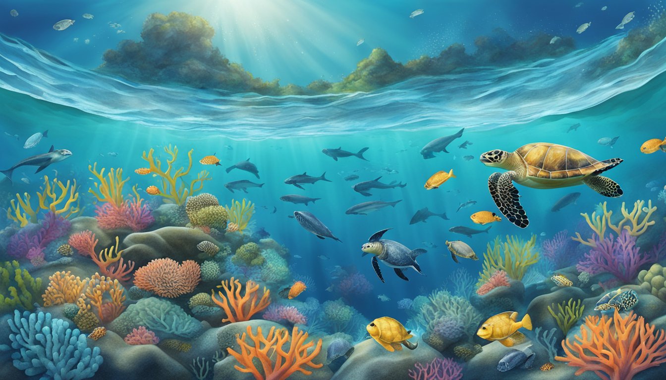 A serene underwater scene with colorful coral, sea turtles, and schools of fish surrounding a biodegradable urn sinking into the ocean depths