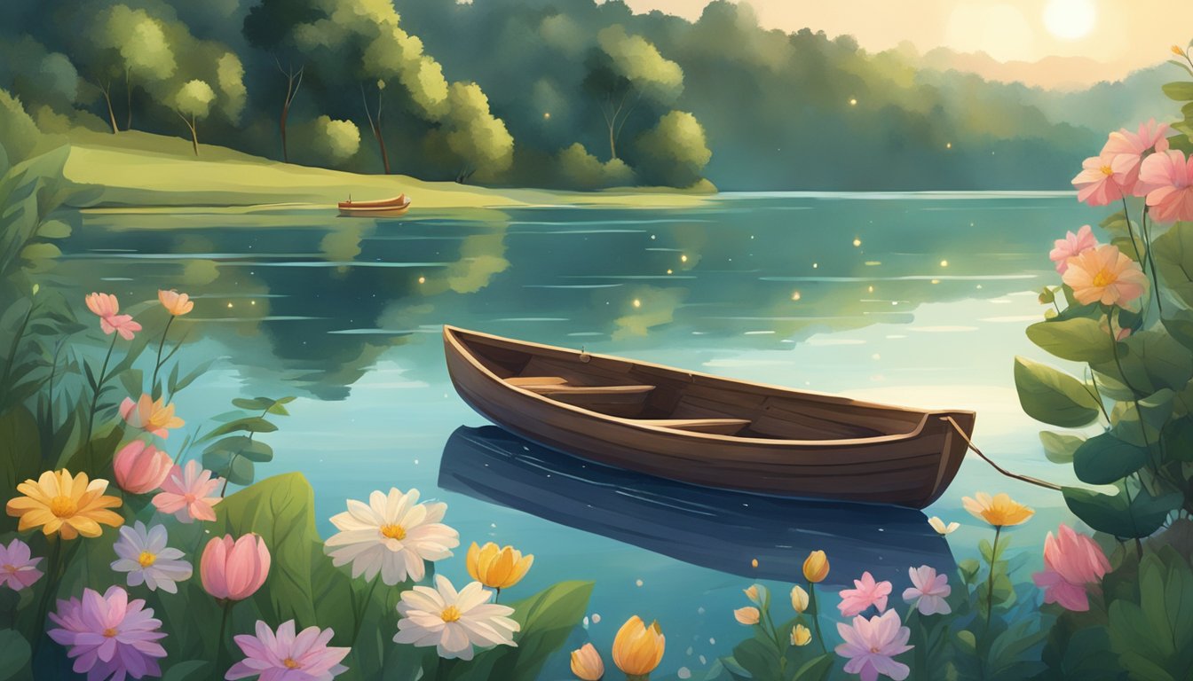 A serene lake surrounded by lush greenery, with a small boat floating on the water. A pet's favorite toy or blanket is placed on the boat, surrounded by flowers and candles