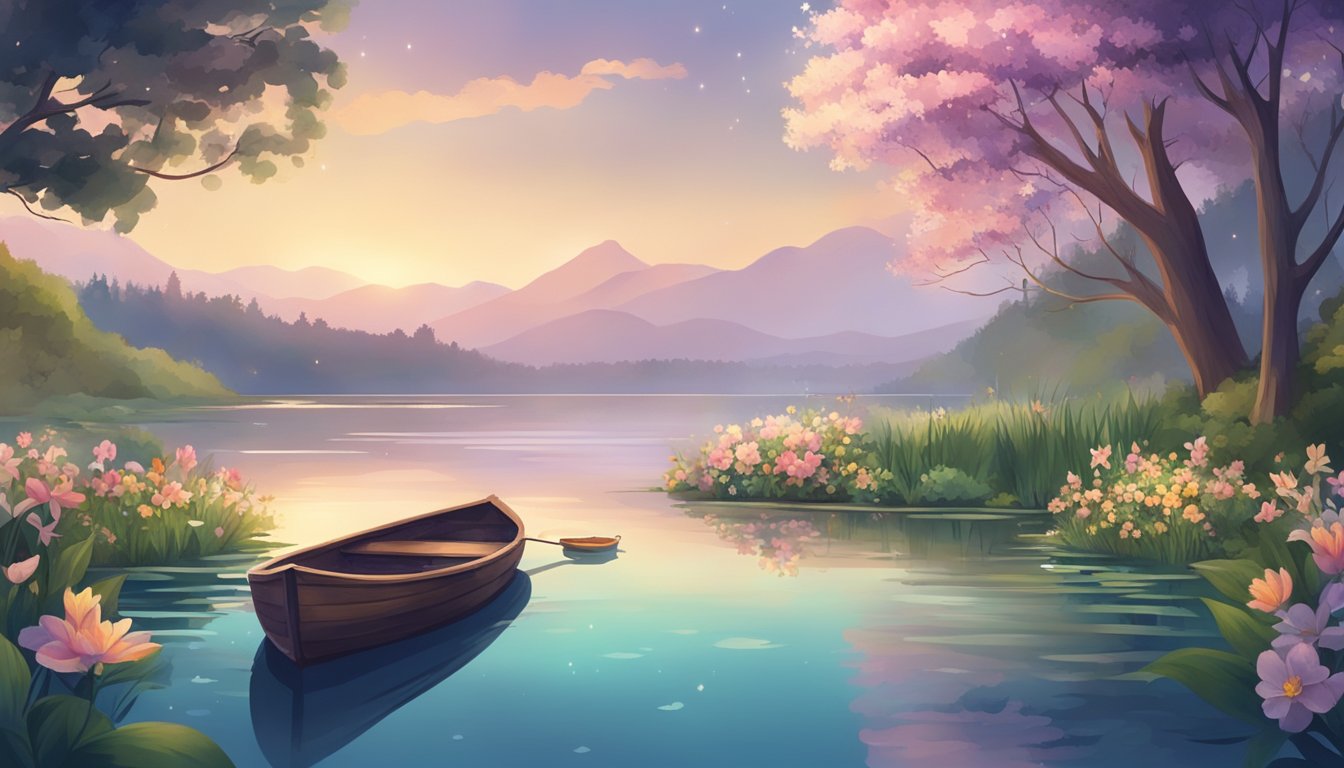 A serene lake surrounded by lush greenery, with a small wooden boat adorned with flowers and candles, gently floating on the water